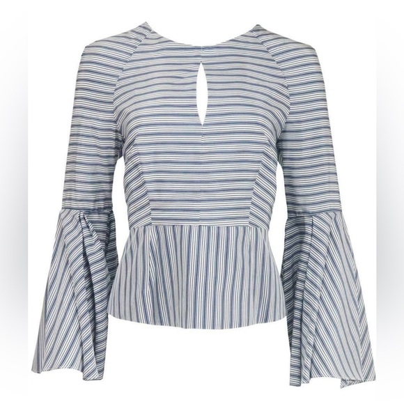 Milly Tops - Milly Fluted Striped Silk & Cotton Blouse Bell Sleeve Keyhole Open Back Tie